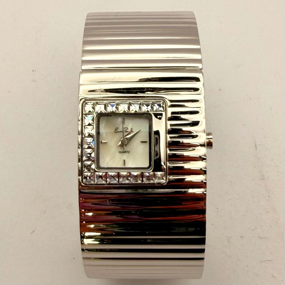 Erwin Pearl Cuff Watch Silver Tone Crystal Wide Bangle‎ Bracelet Quartz 7"